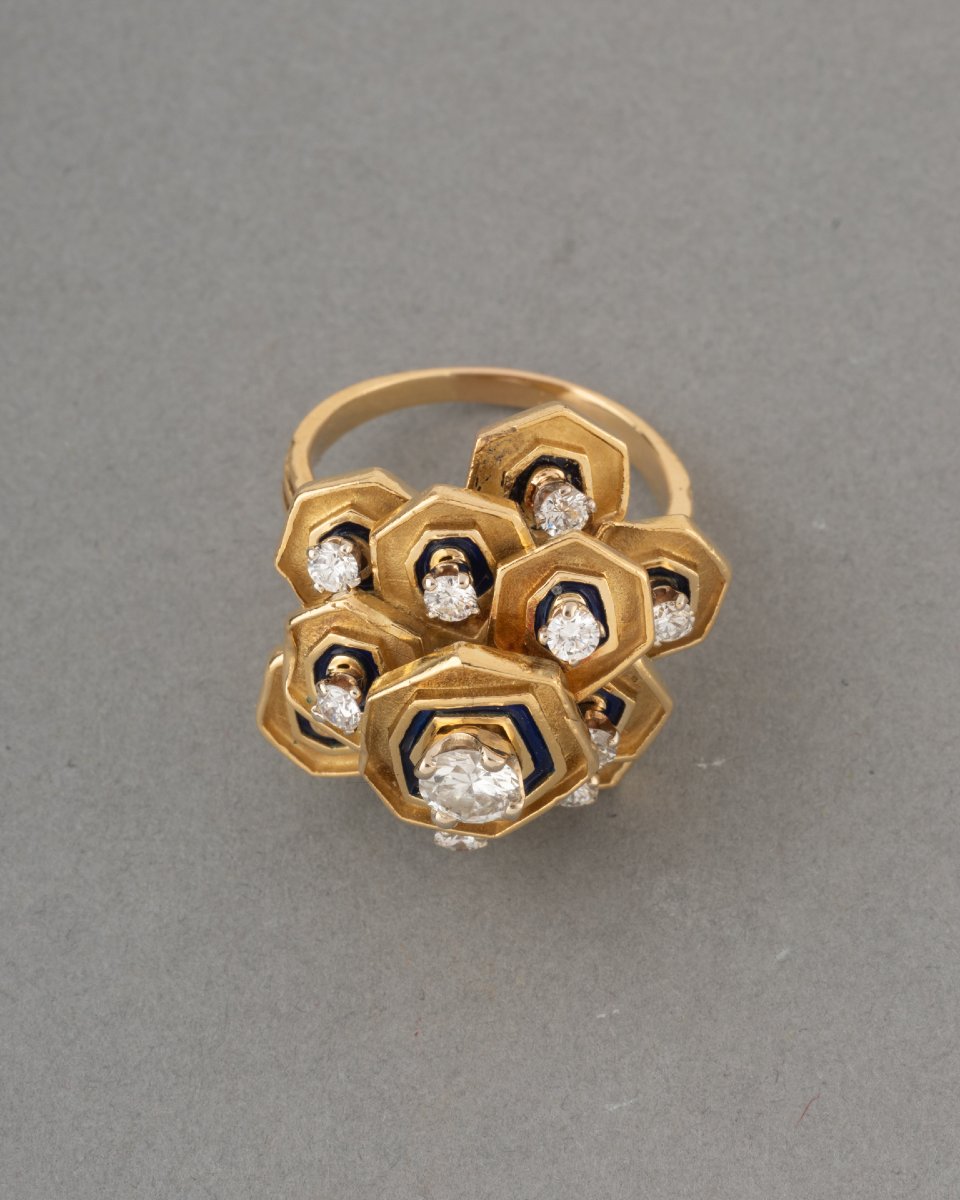 Bague Française Vintage en Or Diamants et Email-photo-4