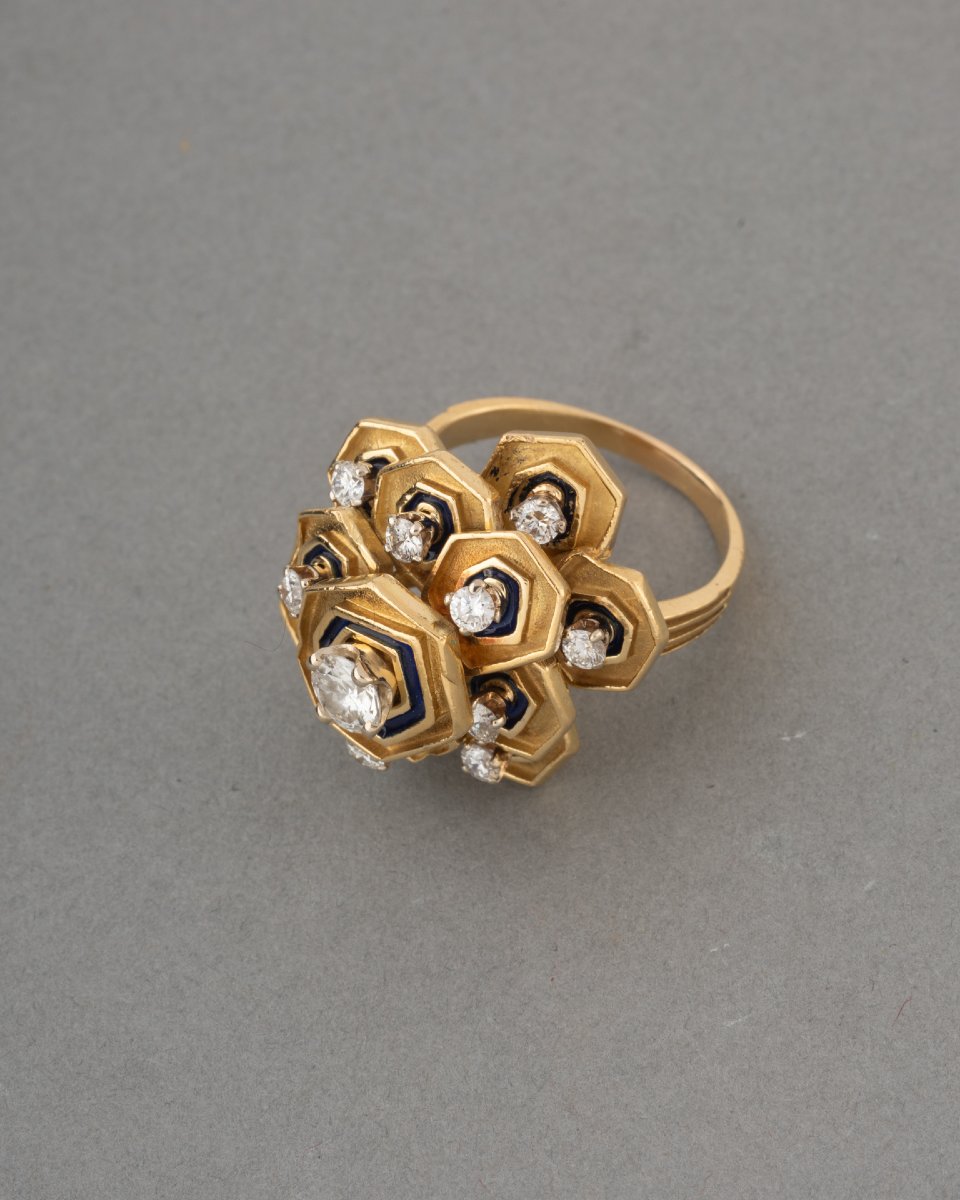 Bague Française Vintage en Or Diamants et Email-photo-1