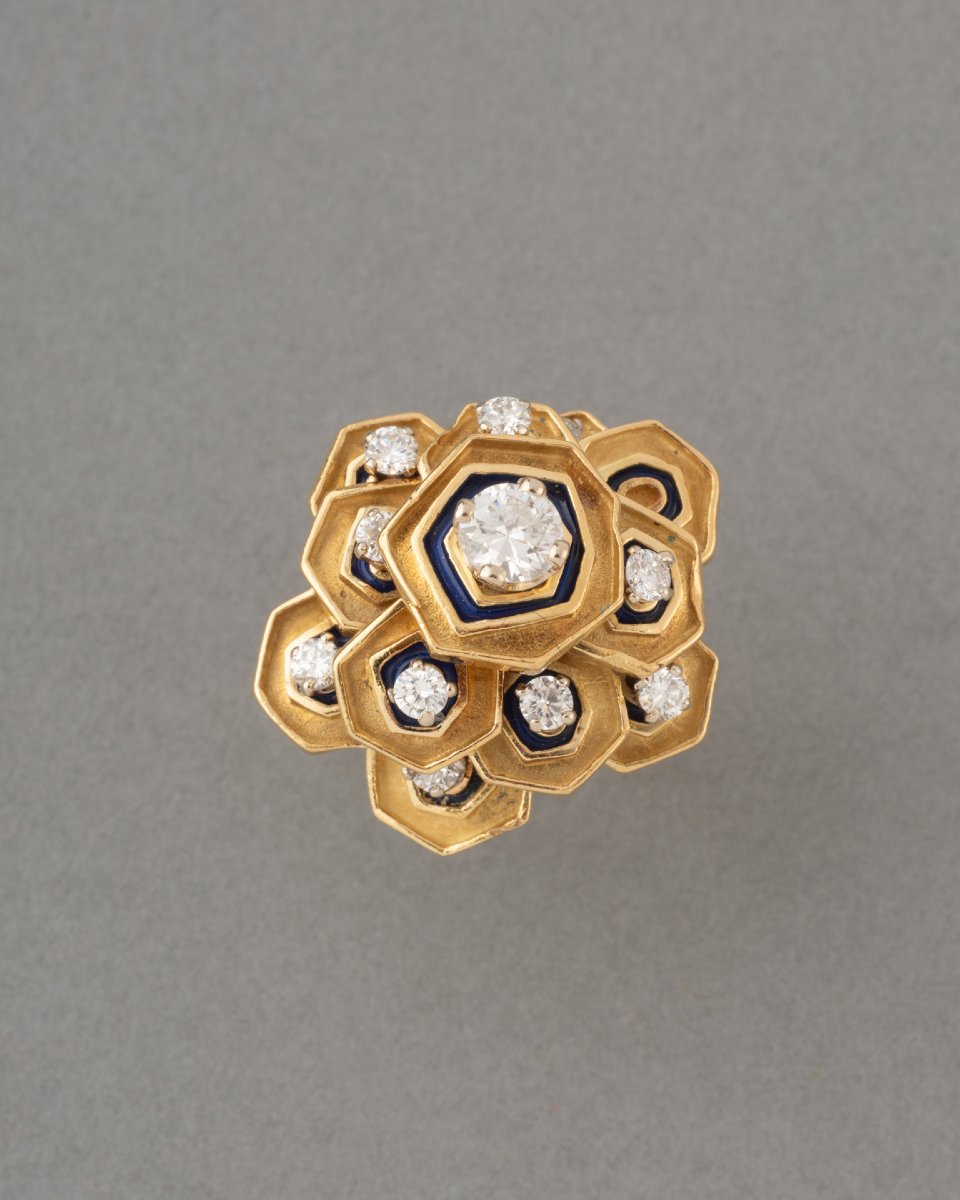 Bague Française Vintage en Or Diamants et Email