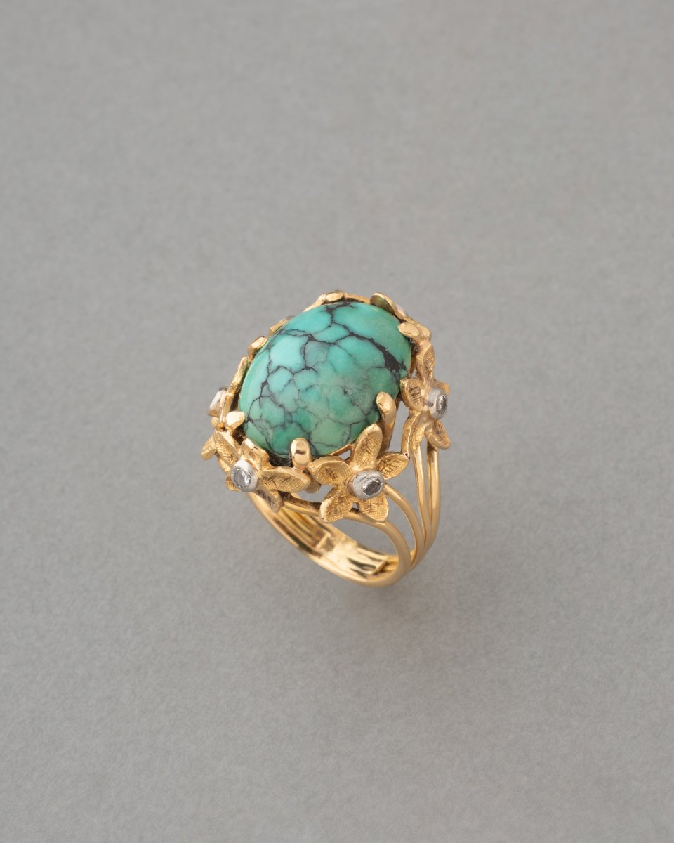 Bague Vintage en Or Diamants et Turquoise-photo-2