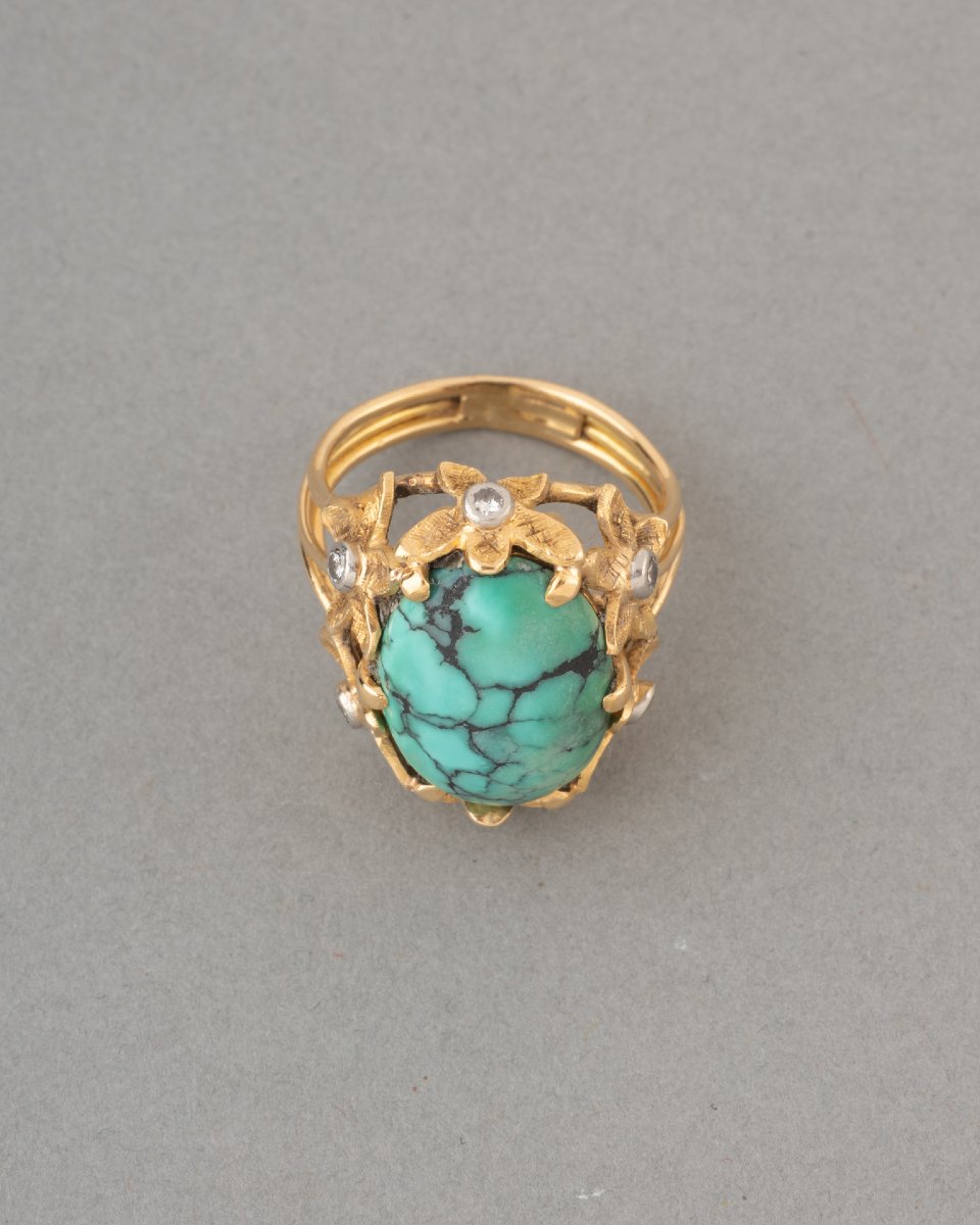 Bague Vintage en Or Diamants et Turquoise-photo-3