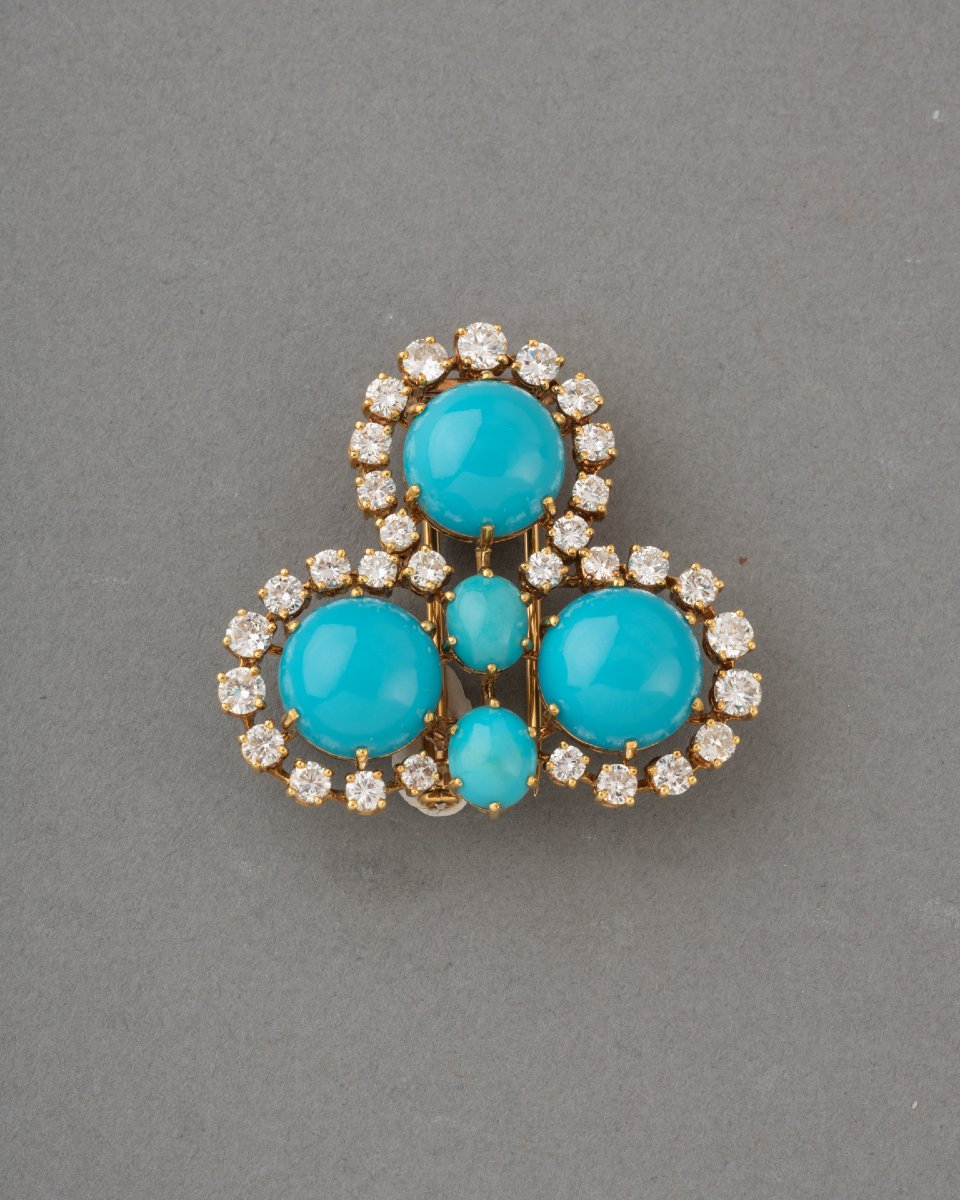 Vintage French Brooch In Gold With Diamonds And Turquoises-photo-2
