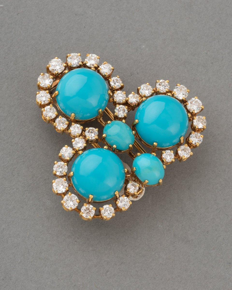 Vintage French Brooch In Gold With Diamonds And Turquoises-photo-3
