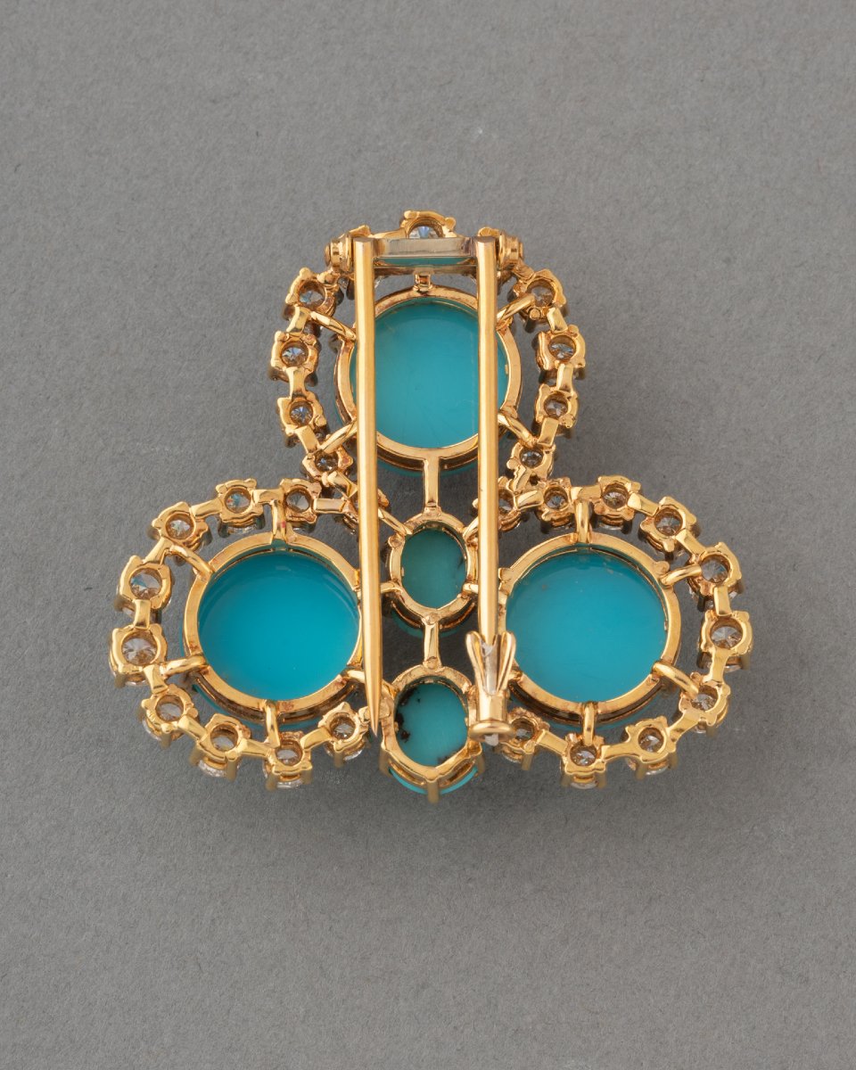 Vintage French Brooch In Gold With Diamonds And Turquoises-photo-4