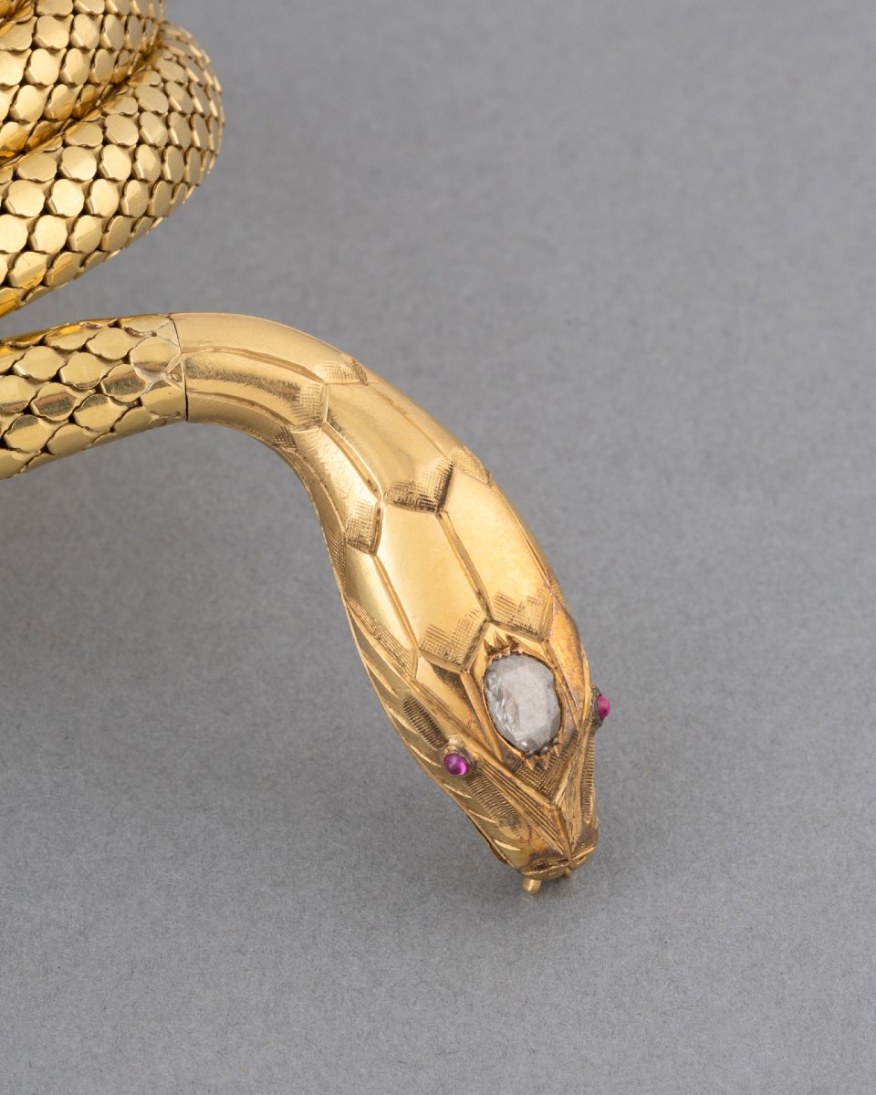 Bracelet Français Serpent Ancien 19ième en Or et Diamant-photo-2