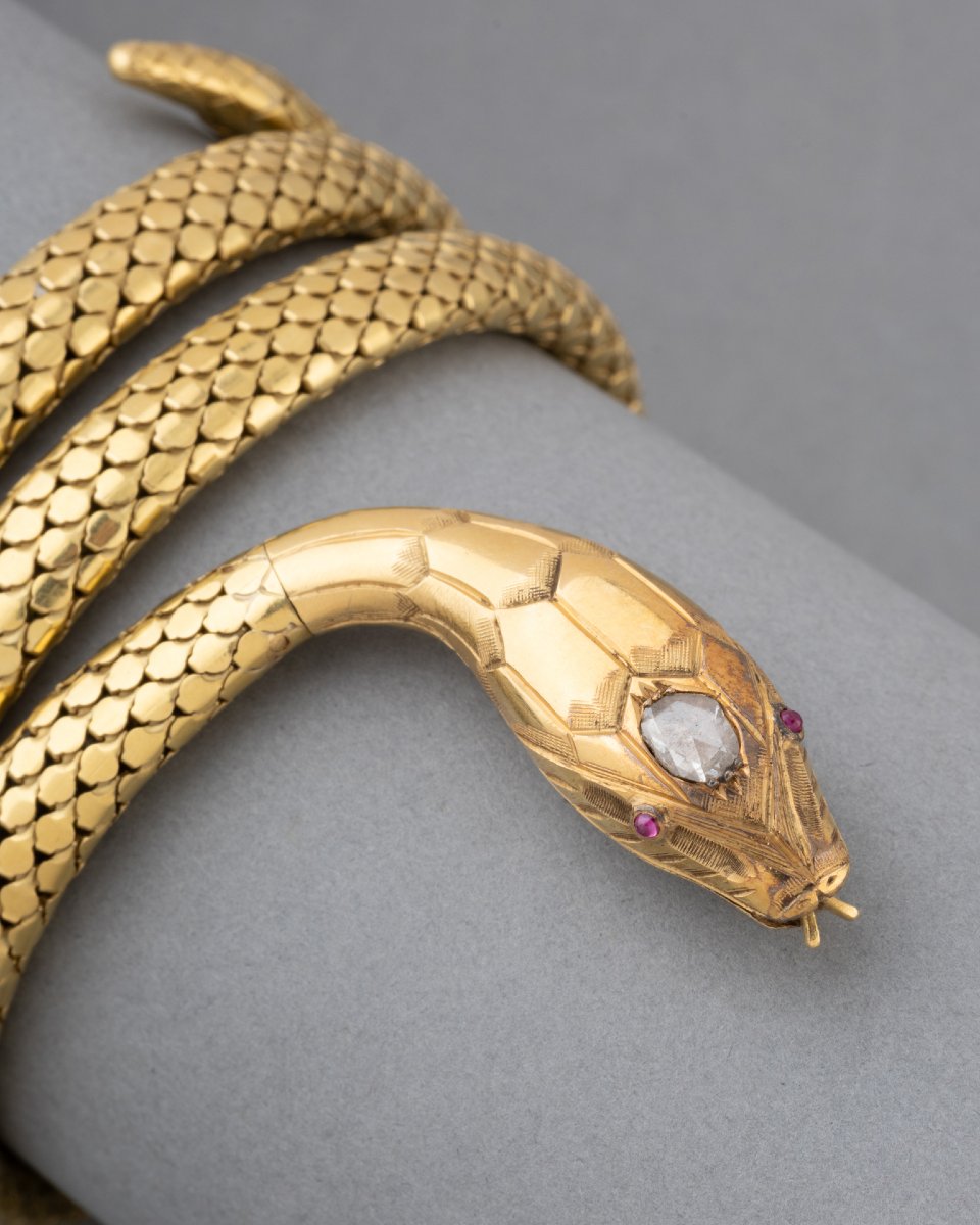Bracelet Français Serpent Ancien 19ième en Or et Diamant-photo-1
