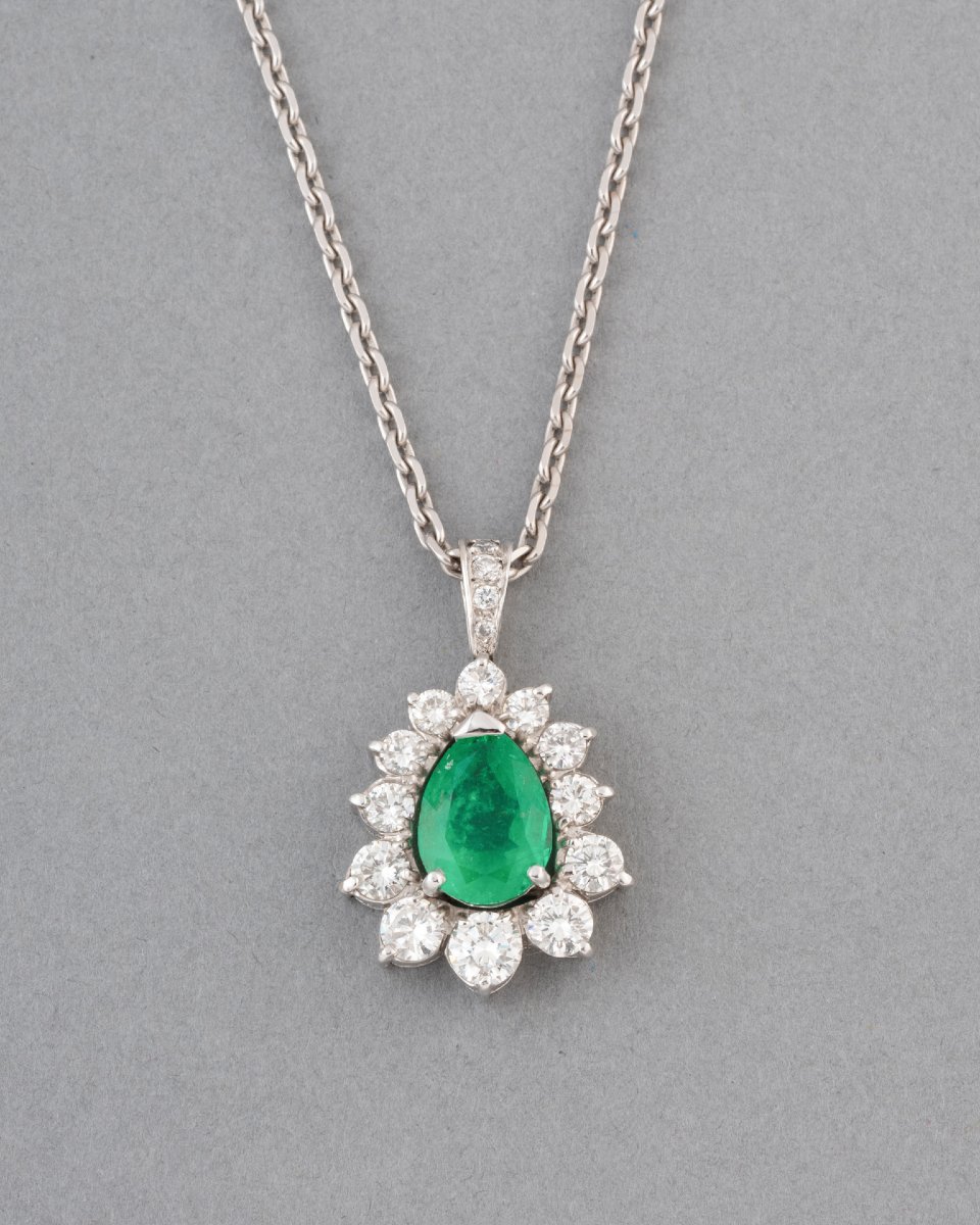Vintage French Diamond And Emerald Pendant 