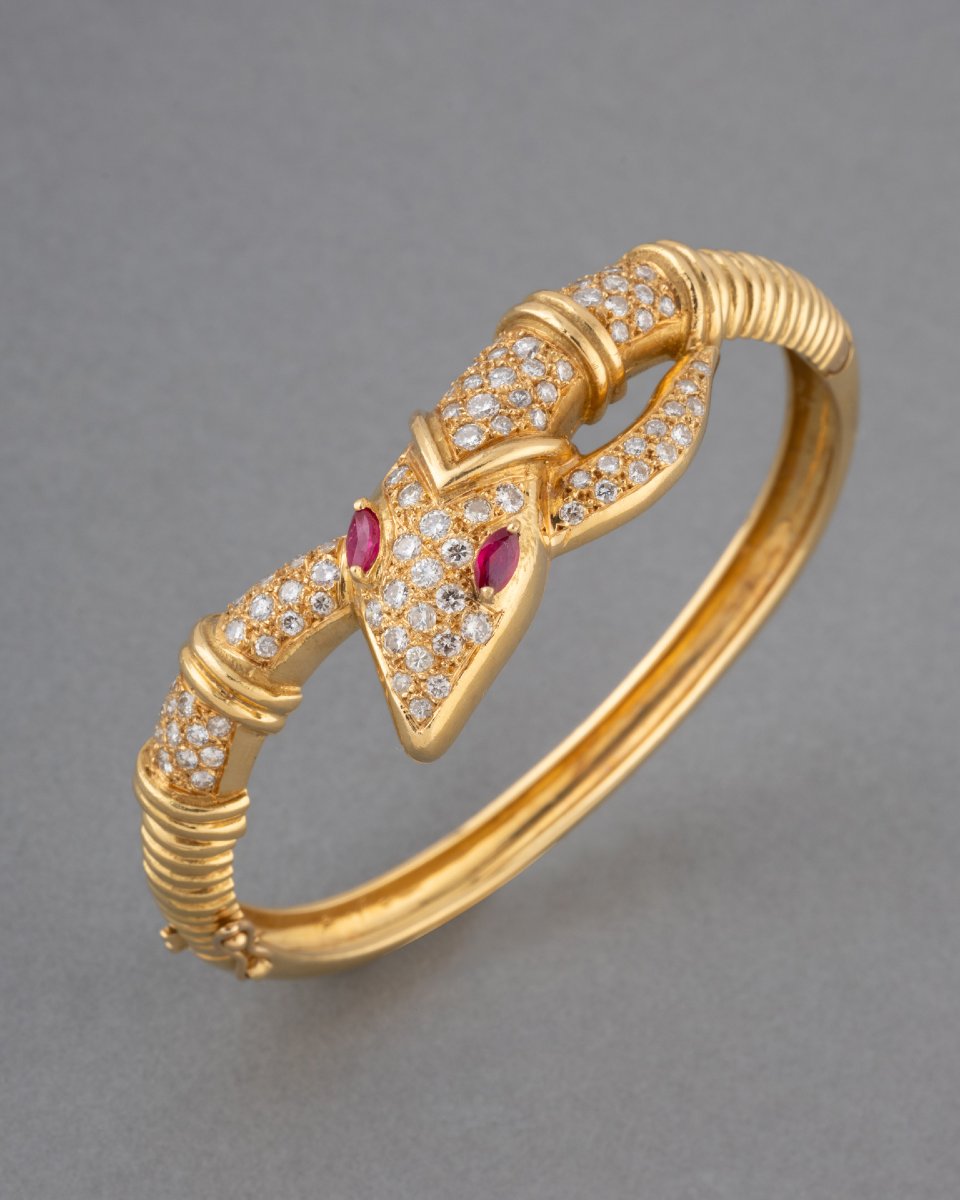 Vintage Snake Bracelet In Gold With Rubies And Diamonds-photo-2