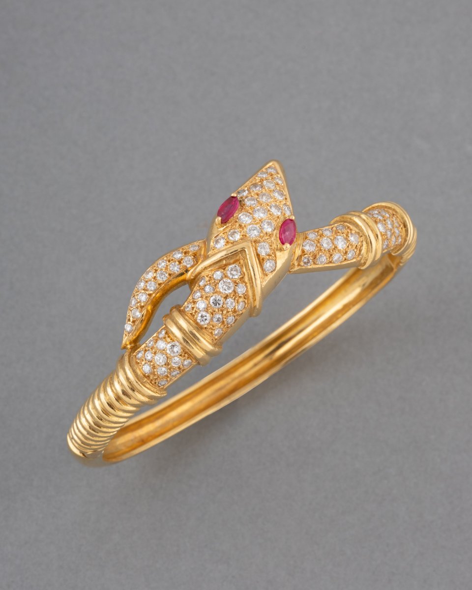 Vintage Snake Bracelet In Gold With Rubies And Diamonds-photo-4