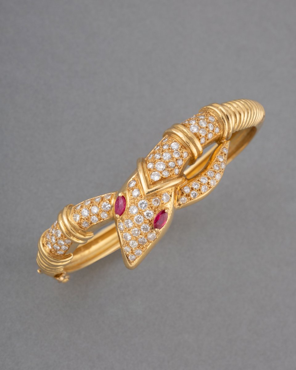 Vintage Snake Bracelet In Gold With Rubies And Diamonds