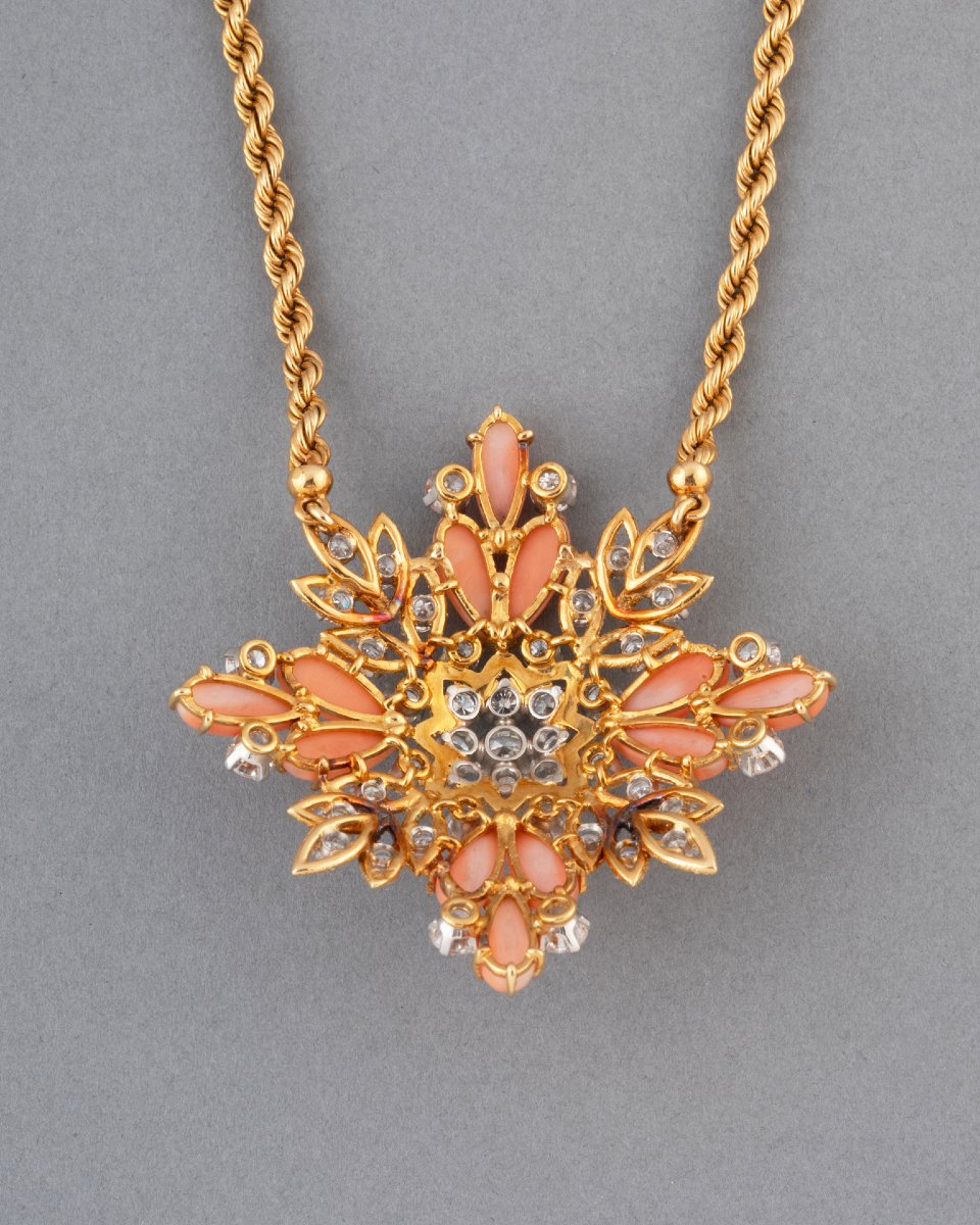 René Bry Collier Français Vintage en Or Diamants et Corail-photo-3