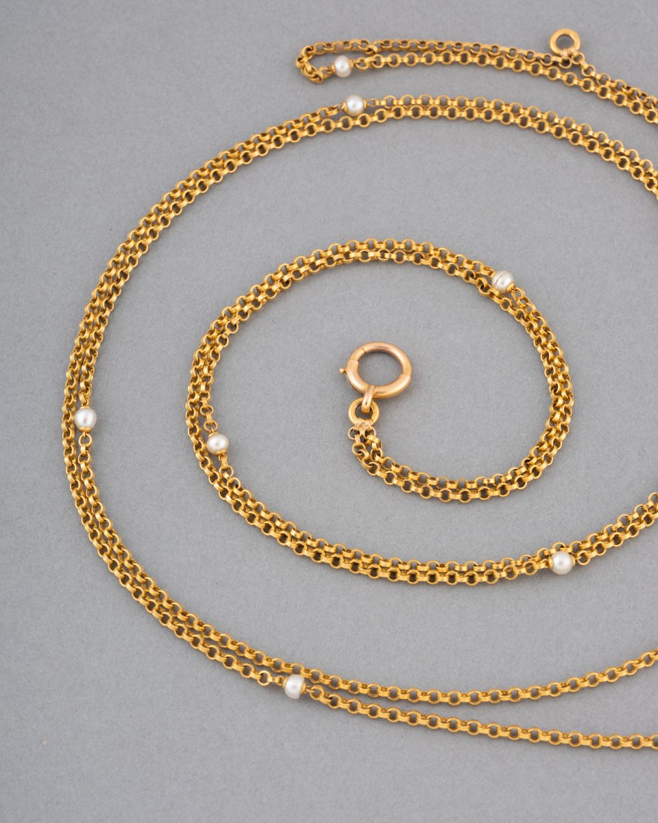 19th-century French Gold Chain Necklace With Pearls -photo-3