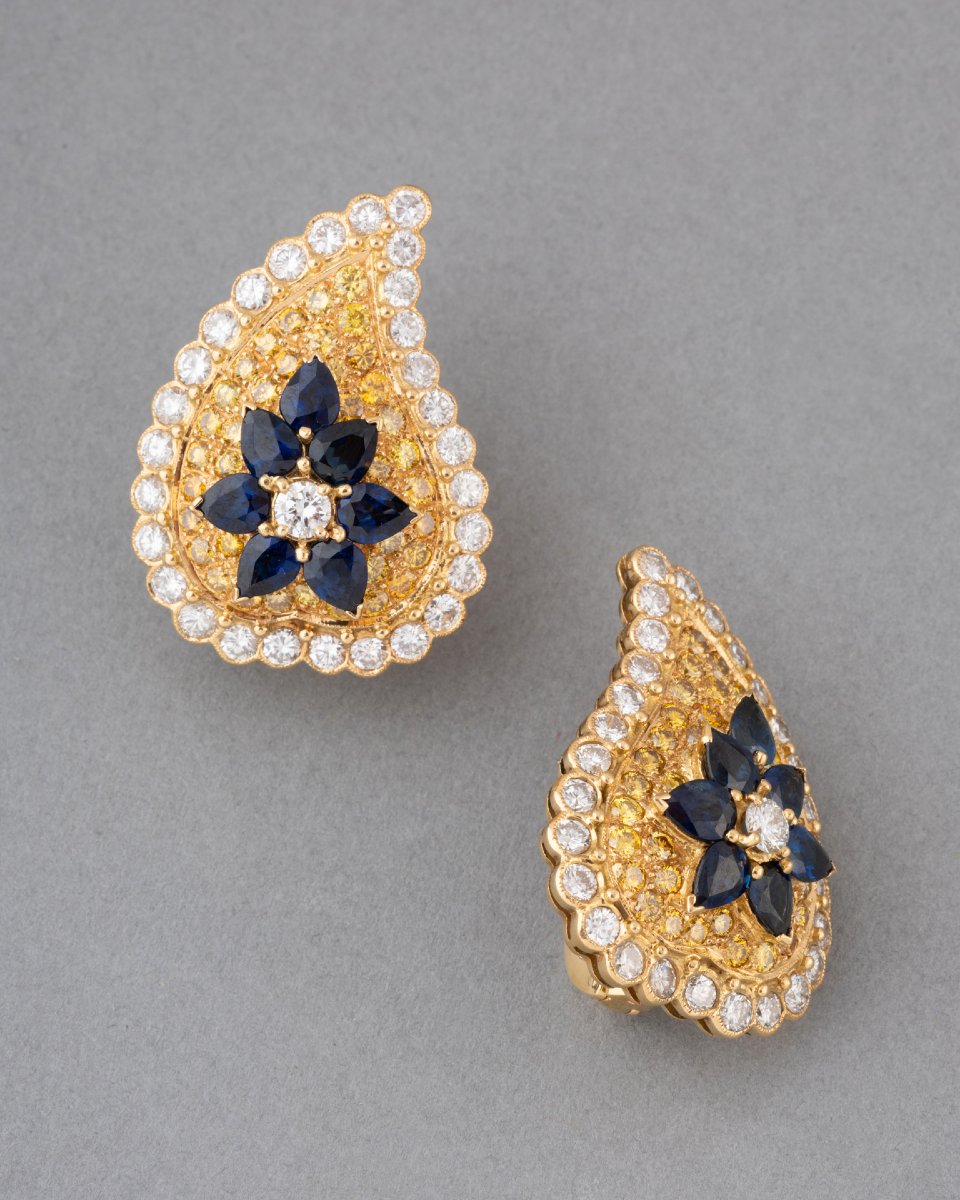 French Gold Earrings With Diamonds And Sapphires-photo-2