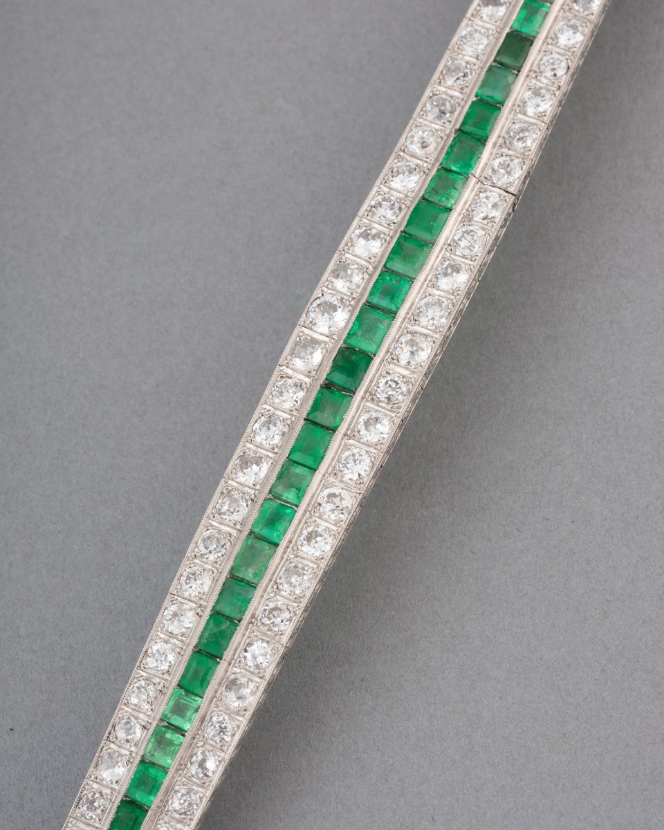 Antique French Art Deco Platinum Bracelet With Diamonds And Emeralds-photo-2