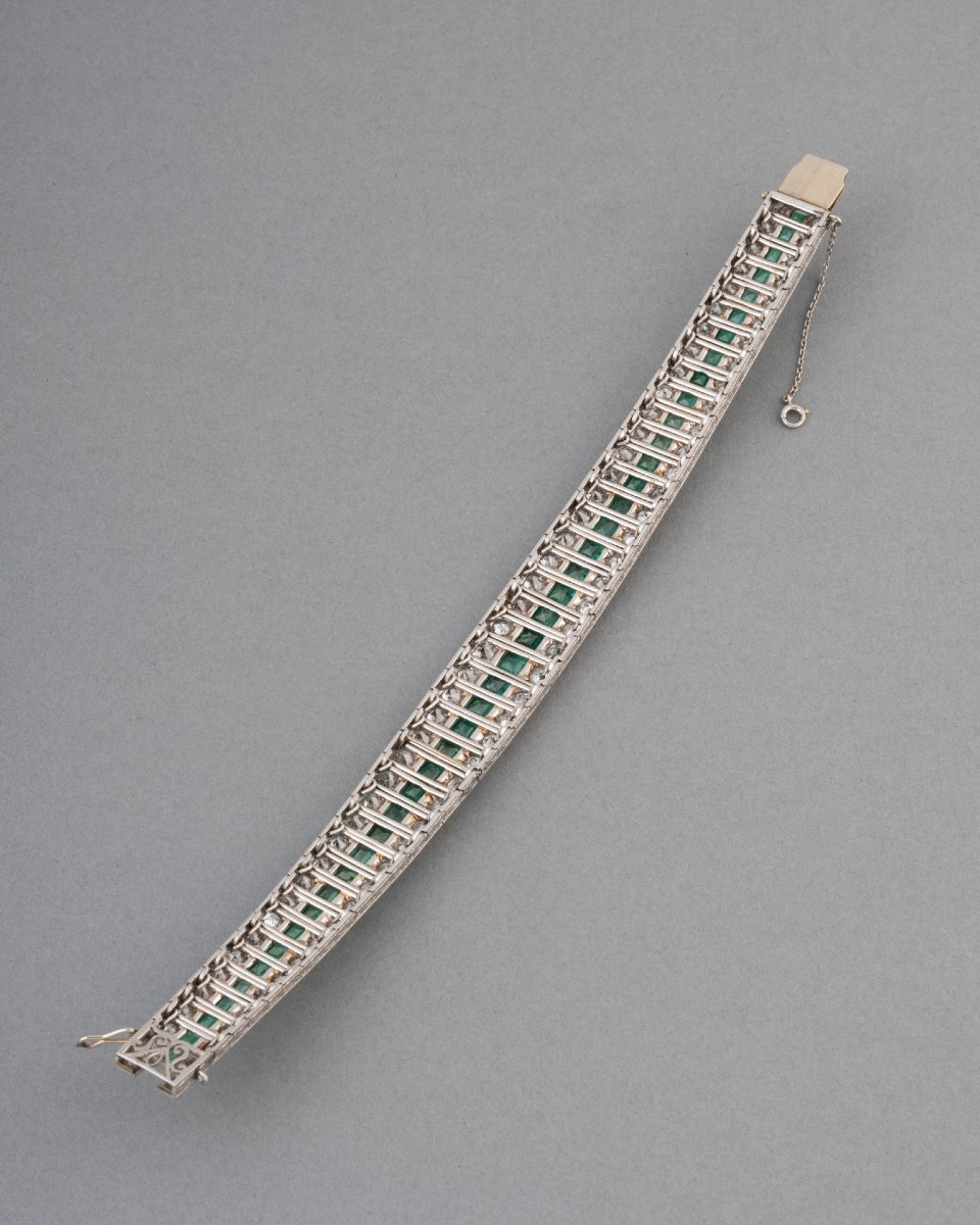 Antique French Art Deco Platinum Bracelet With Diamonds And Emeralds-photo-3