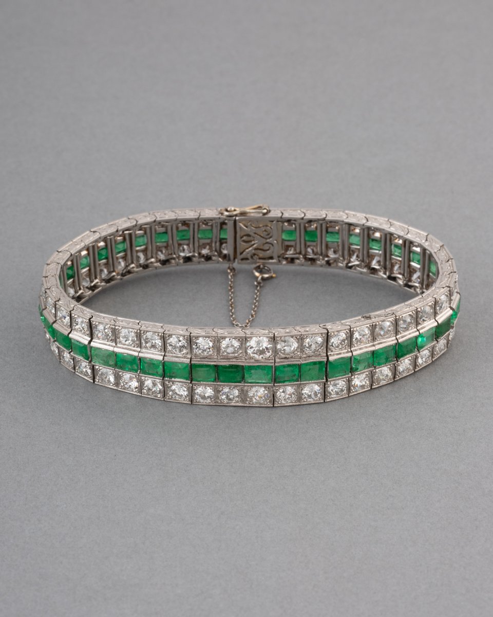 Antique French Art Deco Platinum Bracelet With Diamonds And Emeralds-photo-4
