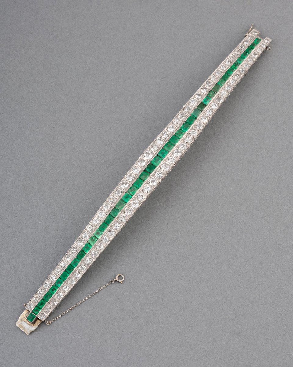 Antique French Art Deco Platinum Bracelet With Diamonds And Emeralds