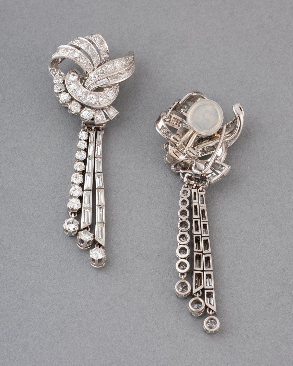 Antique French Platinum And Diamond Earrings-photo-2