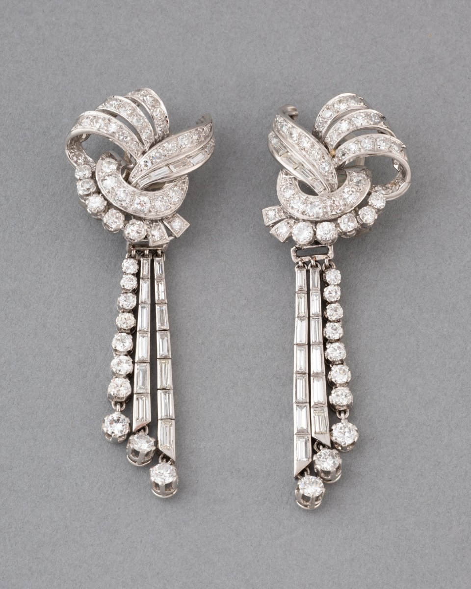 Antique French Platinum And Diamond Earrings