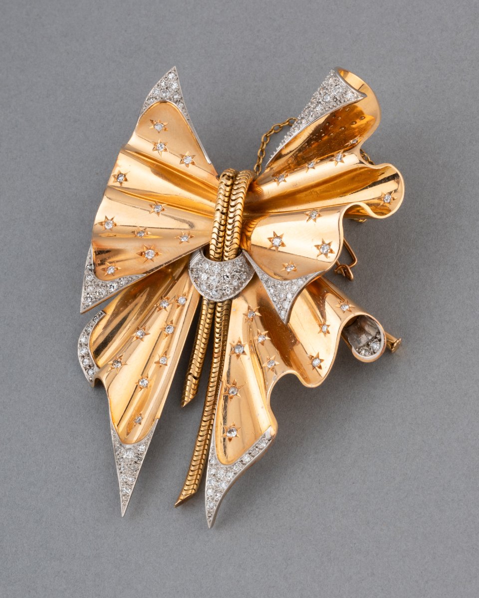 1940s French Bow Brooch In Gold And Diamonds-photo-3