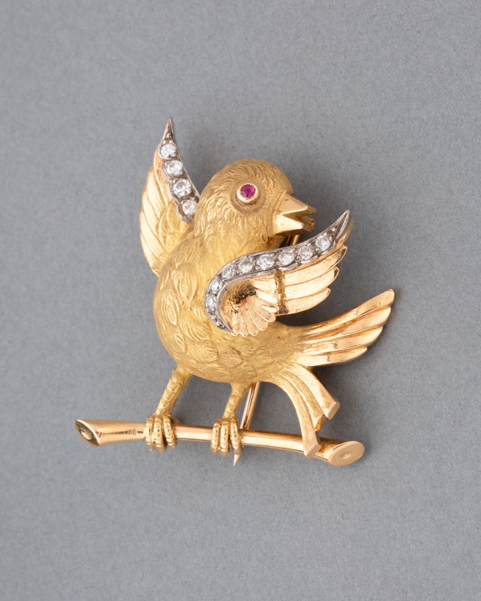 Broche Française Oiseau Vintage en Or et Diamants-photo-2