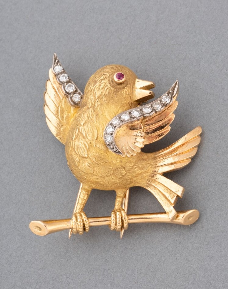 Broche Française Oiseau Vintage en Or et Diamants