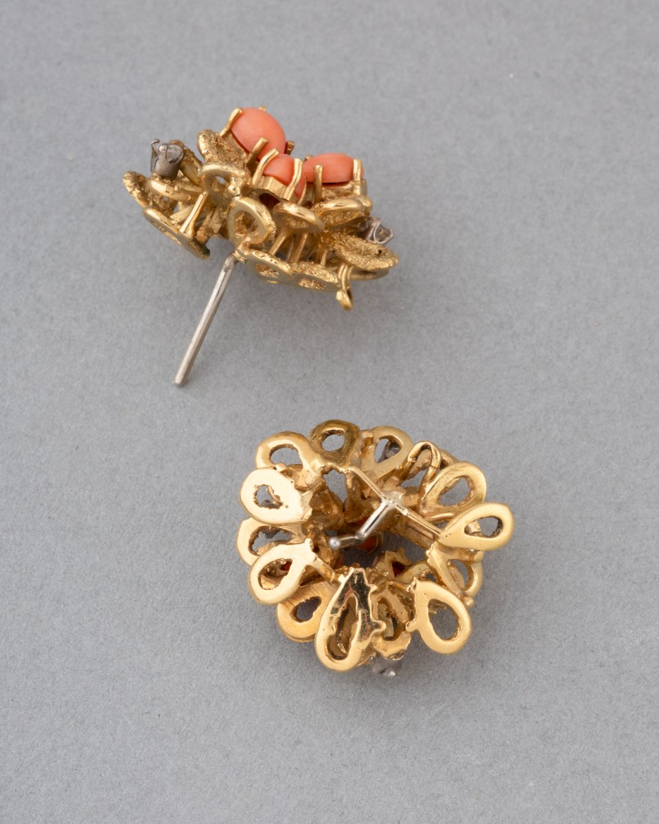 French Gold Earrings With Diamonds And Coral-photo-4