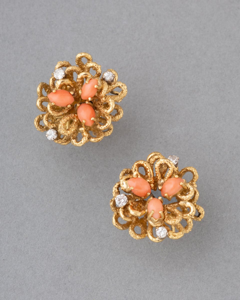 French Gold Earrings With Diamonds And Coral