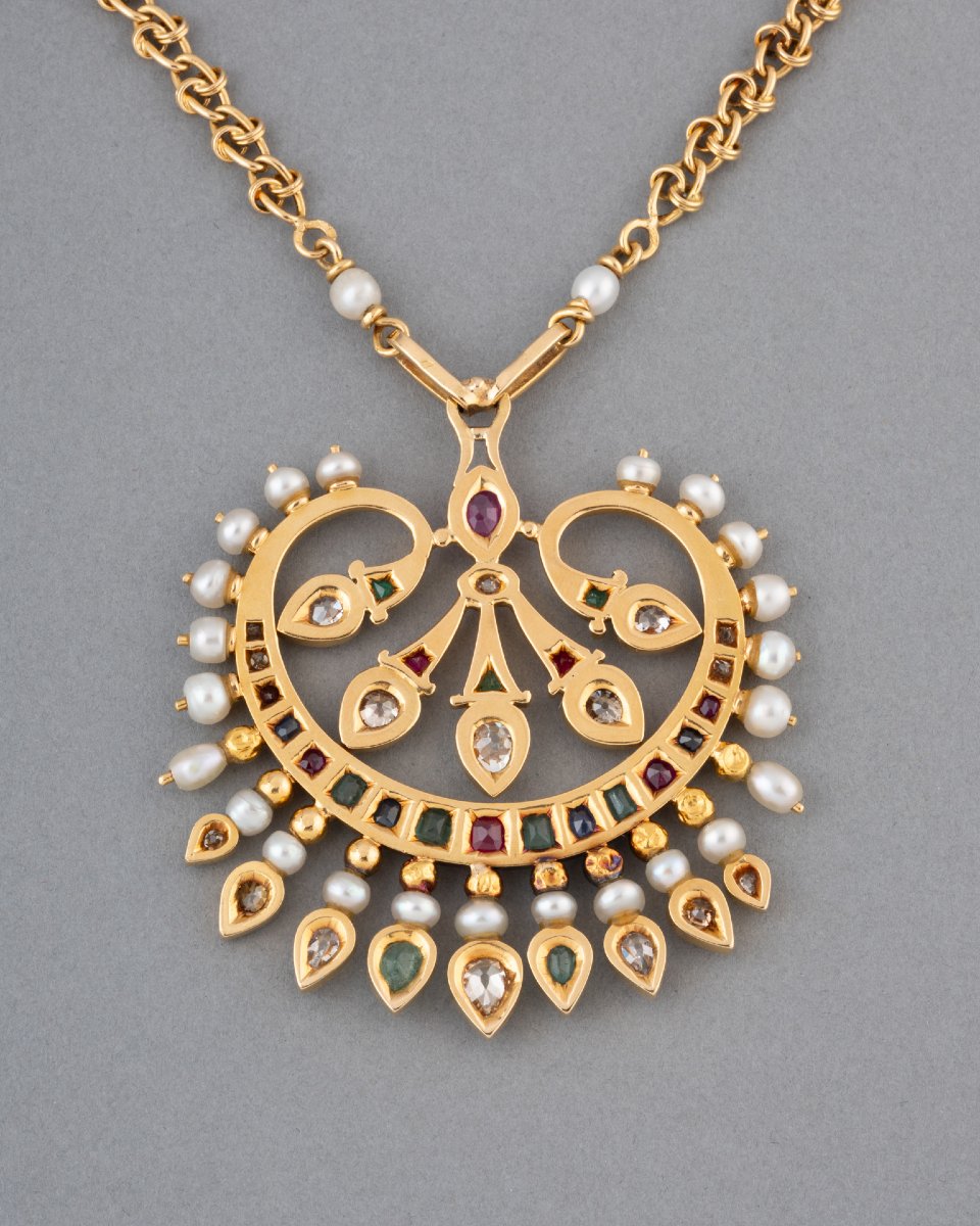 Collier  Pendentif Français Vintage en Or et Pierres Précieuses-photo-4