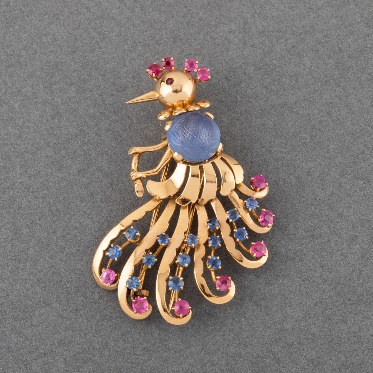 Broche Française Oiseau De Paradis Retro En Saphirs Et Rubis