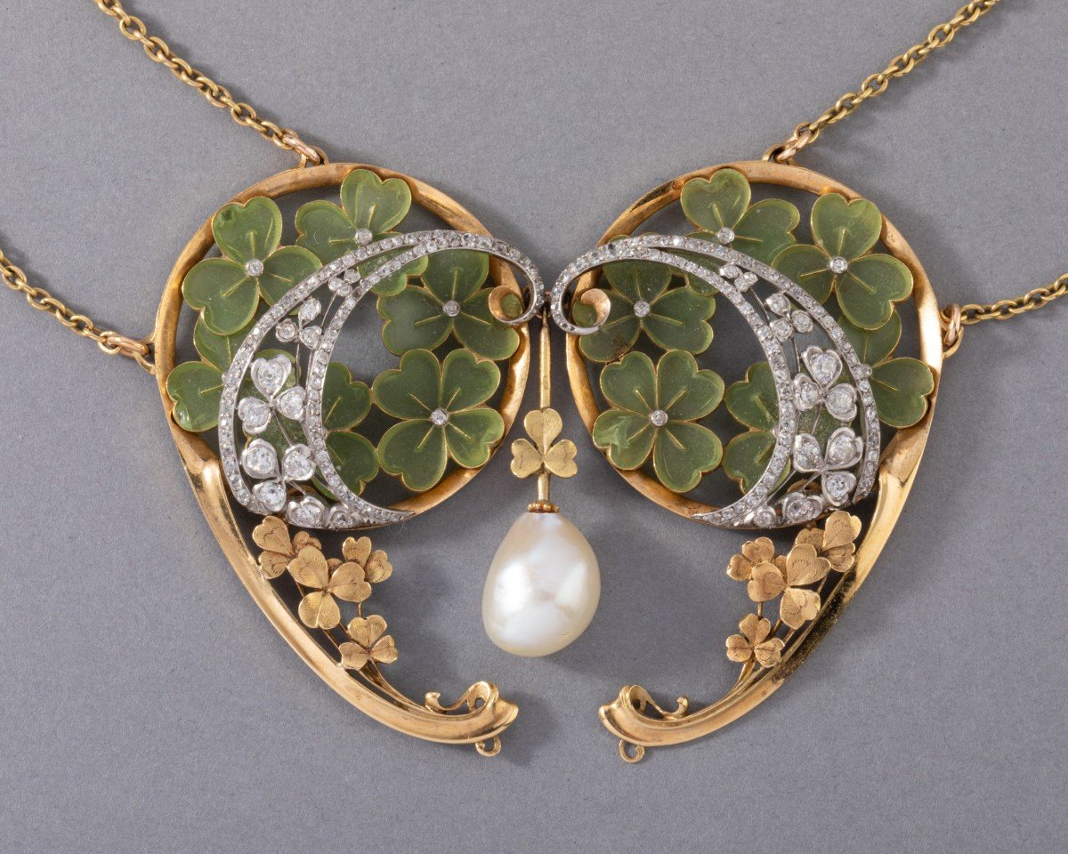 Collier Art Nouveau Français En Or Perle Fine Email Et Diamants-photo-2