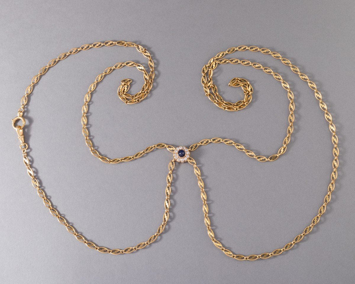 Long Old Gold Sautoir Necklace With A Slider Set With Diamonds And Sapphire-photo-3