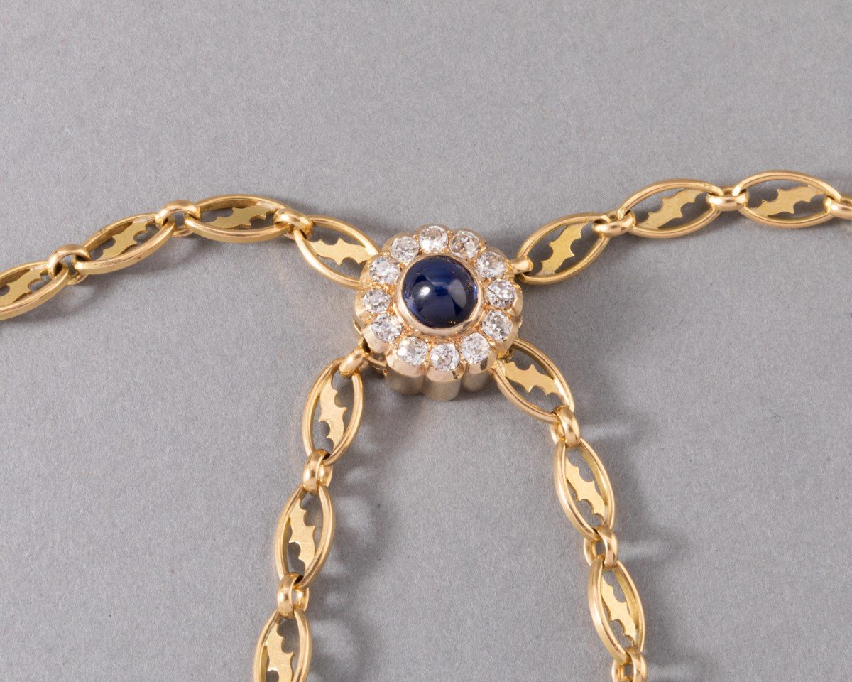 Long Old Gold Sautoir Necklace With A Slider Set With Diamonds And Sapphire-photo-1