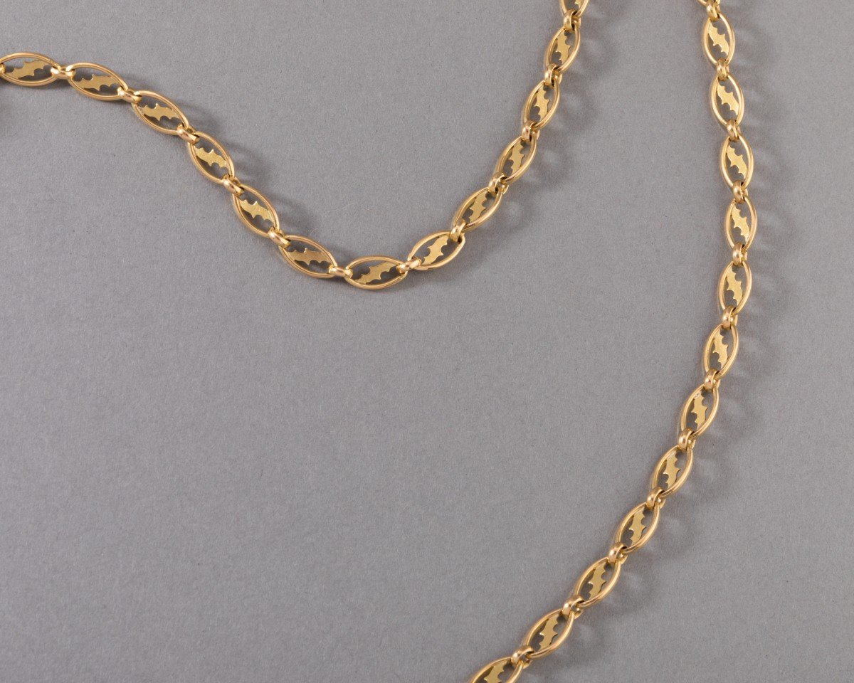 Long Old Gold Sautoir Necklace With A Slider Set With Diamonds And Sapphire-photo-4
