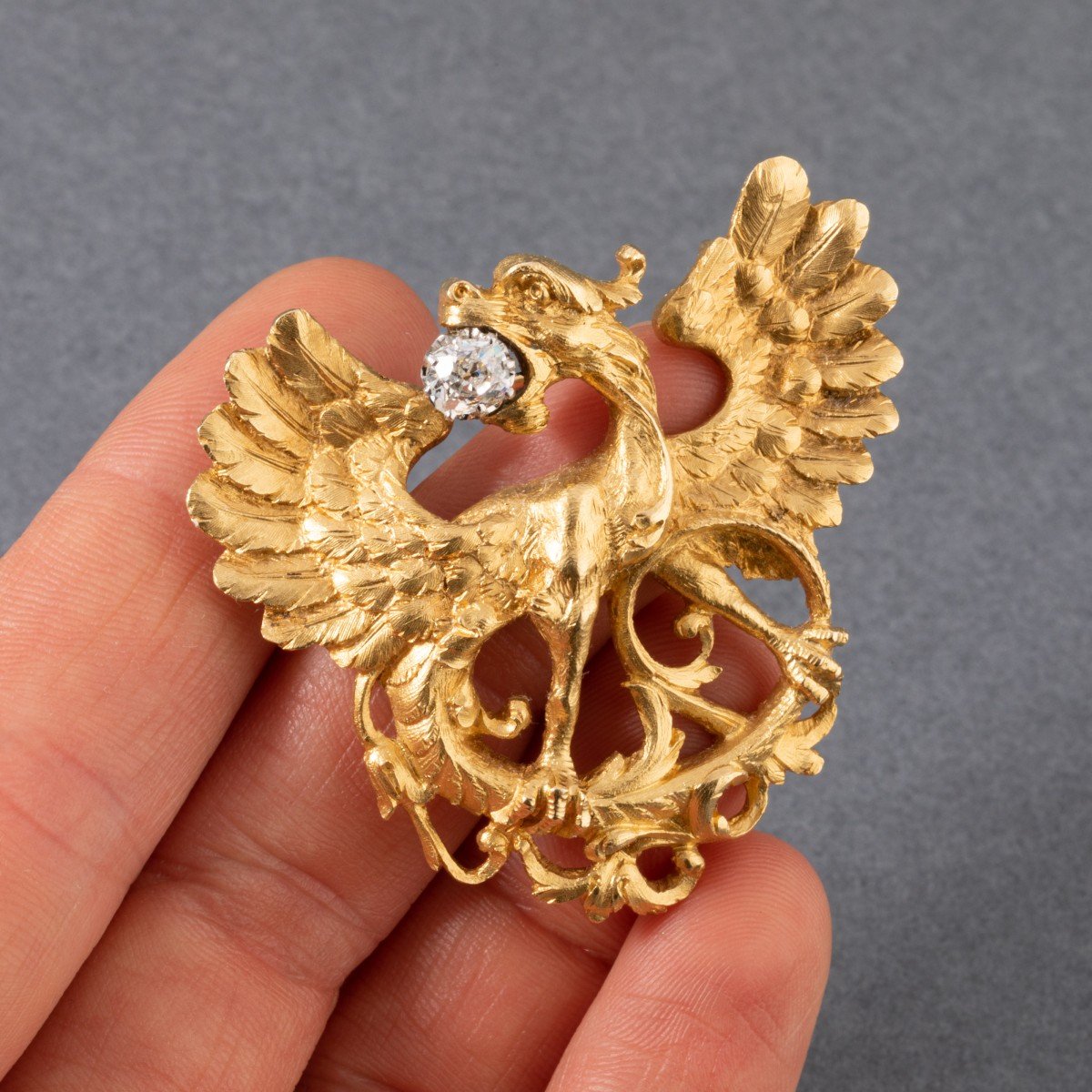 Antique French Chimera Brooch In Gold And Diamonds-photo-7