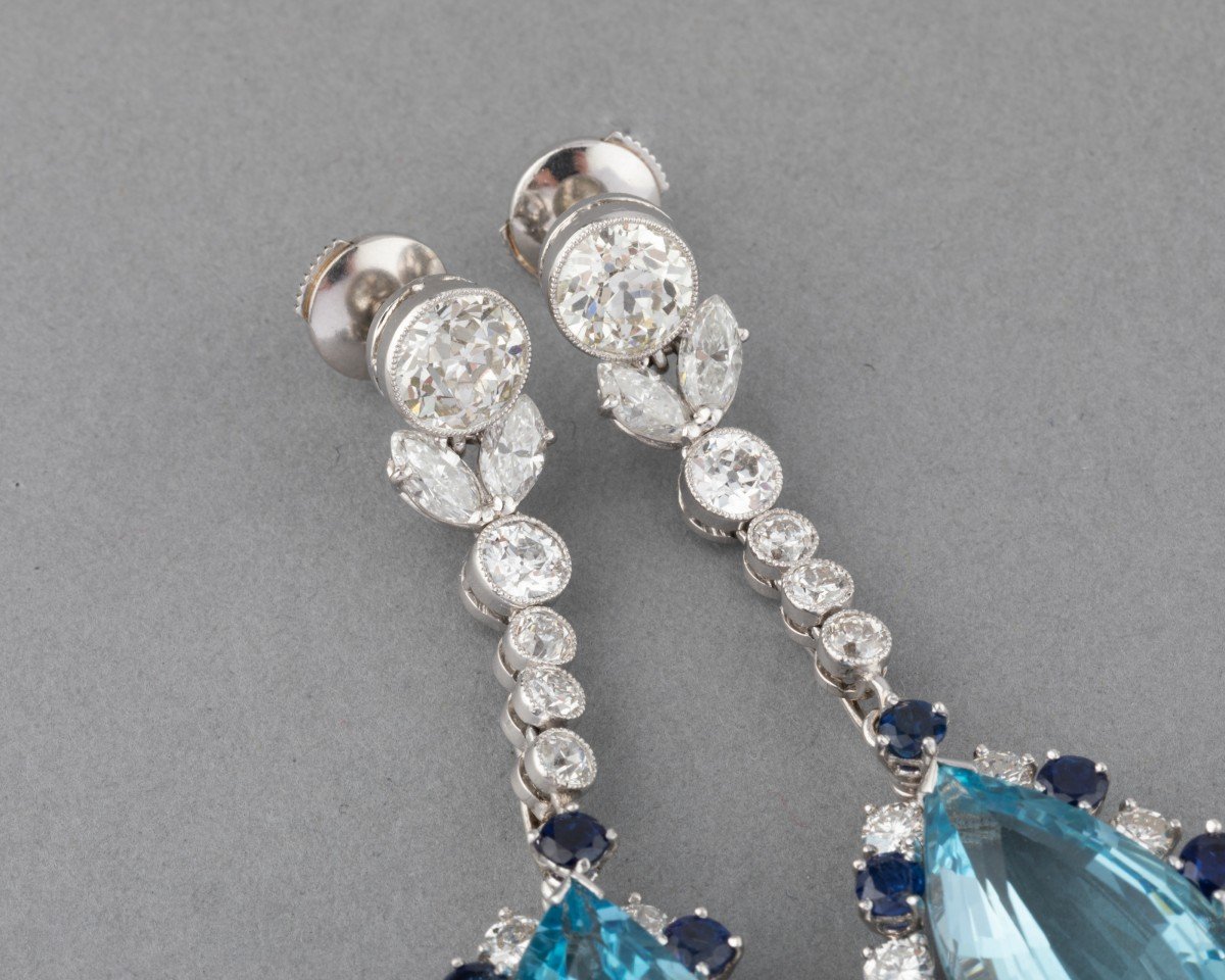 Vintage Gold Aquamarines Diamonds And Sapphires Earrings-photo-4