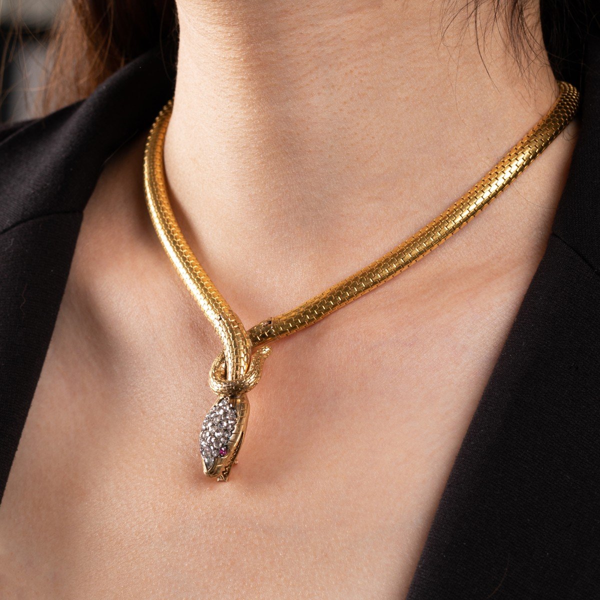 19th Century French Snake Necklace In Gold Diamonds And Rubies-photo-7