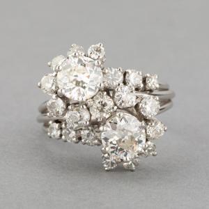 Vintage French Toi Et Moi Ring In Platinum Gold And 3.30 Carats Of Diamonds