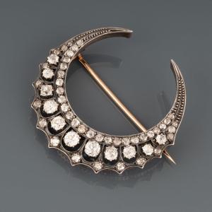 Old Crescent Brooch Set With 3.50 Carats Of Diamonds