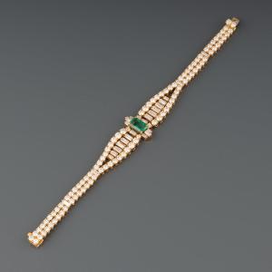 Bracelet En Or 13 Carats De Diamants Et 2 Carats d'Emeraude Par Mouawad