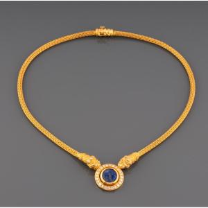 Collier Vintage En Or Diamants Et Lapis Lazuli