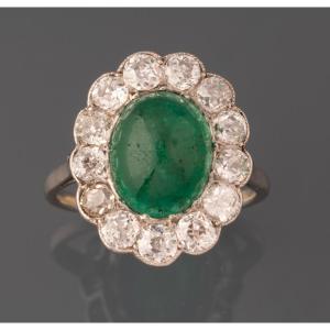 Bague Française Ancienne Emeraude De 4 Carats Et Diamants