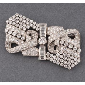 Broche Art Deco Française En Or Platine Et 12 Carats De Diamants