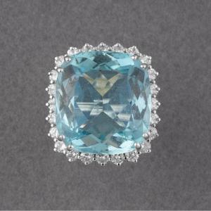 Bague Française Vintage En Or Diamants Et Aigue-marine De 22 Carats 