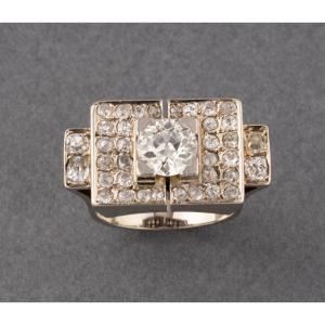 Antique French Art Deco Ring In Platinum Gold And Diamonds