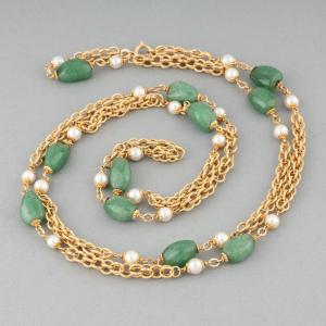 Vintage Aventurine And Pearl Gold Necklace