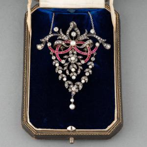 Collier Français Ancien Belle Epoque En Or Argent Et Diamants