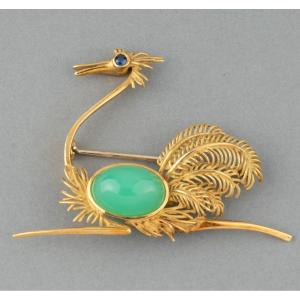 Vintage Ostrich Brooch In Gold And Green Agate