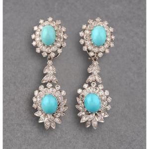 Gold Platinum Diamonds And Turquoise Drop Earrings By Vourakis