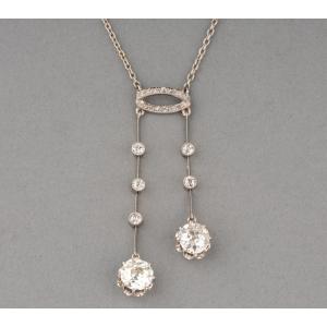 Collier Pendentif Belle Epoque Français En Or Et 2.60 Carats De Diamants